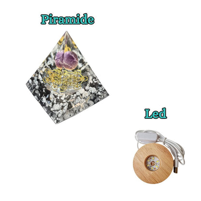 Piramide Orgonite Ossidiana fiocco di Neve - Ametista - Metatron oro (Led Incluso) - Zen Home