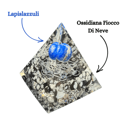 Piramide Orgonite Ossidiana fiocco di Neve - Lapislazzuli - Metatron argento - Zen Home