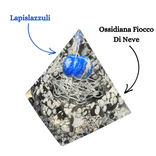 Piramide Orgonite Ossidiana fiocco di Neve - Lapislazzuli - Metatron argento - Zen Home