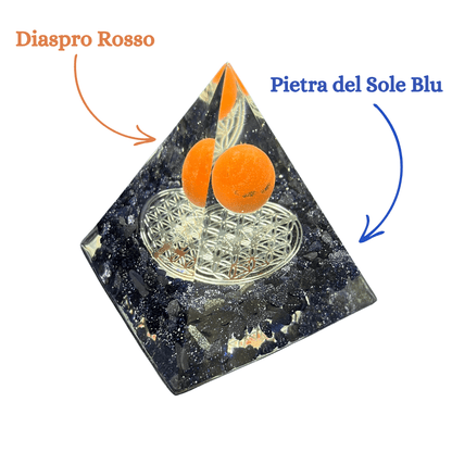 Piramide Orgonite Pietra Sole Blu - Diaspro Rosso - Fiore della Vita Argento - Zen Home