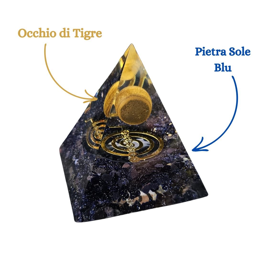 Piramide Orgonite Pietra Sole Blu - Occhio di Tigre - Choku Rei Oro (Led Incluso) - Zen Home