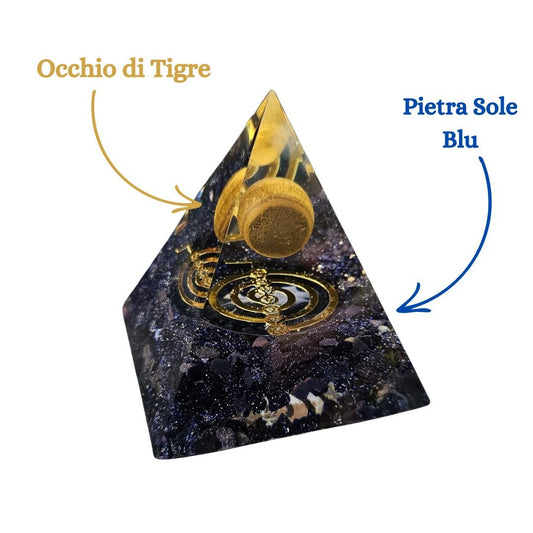 Piramide Orgonite Pietra Sole Blu - Occhio di Tigre - Choku Rei Oro (Led Incluso) - Zen Home