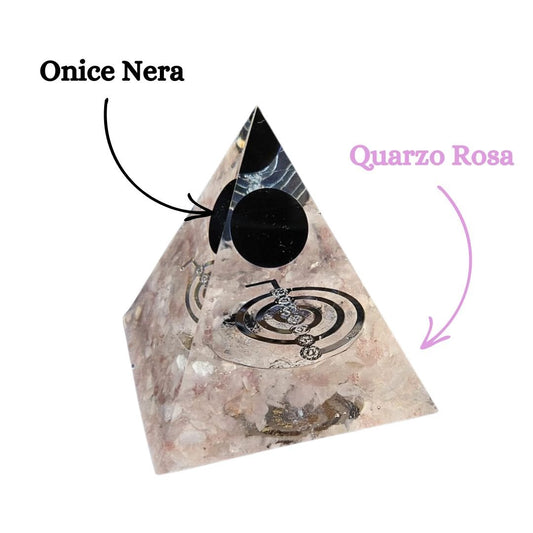 Piramide Orgonite Quarzo Rosa - Onice Nera - Choku rei Argento (Led Incluso) - Zen Home