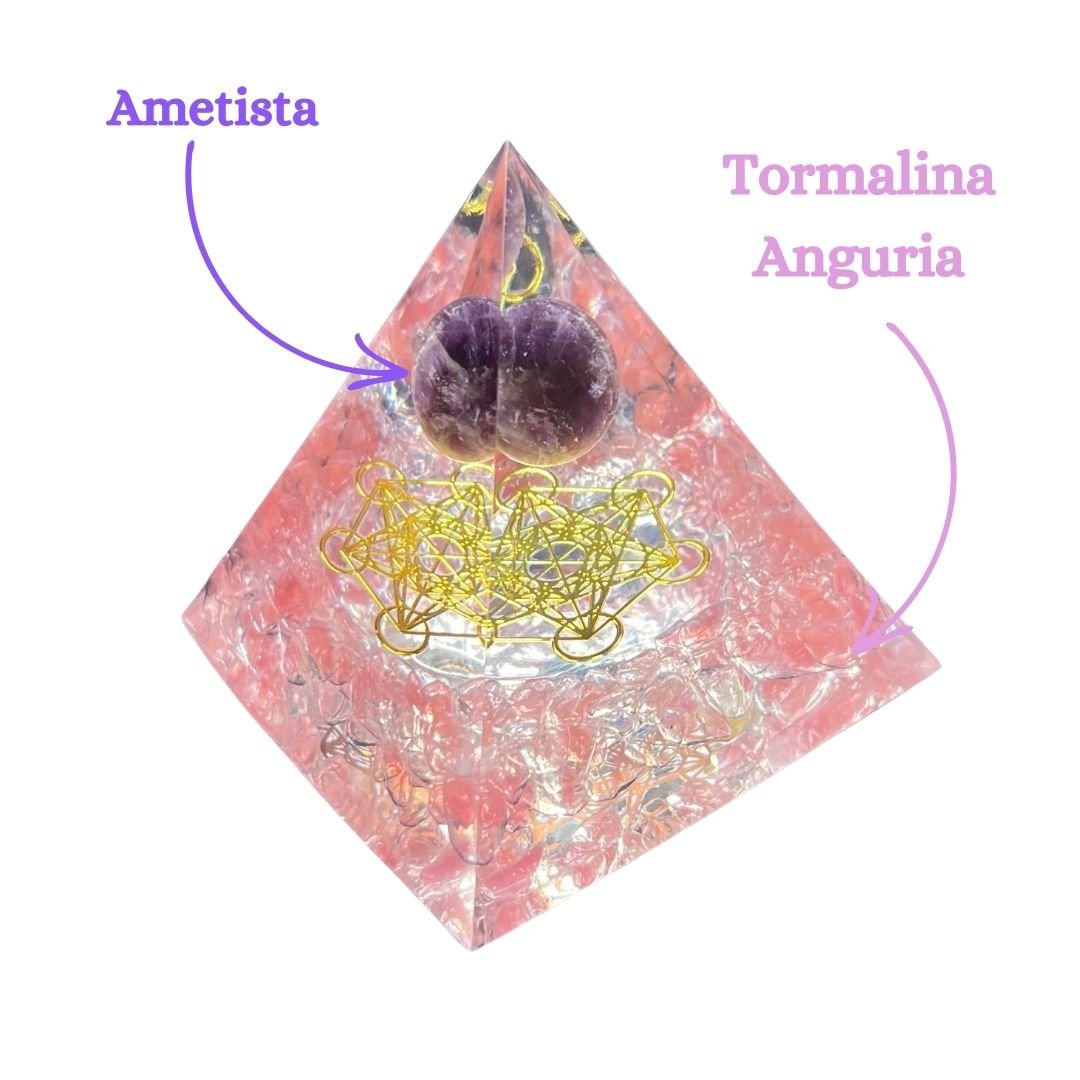 Piramide Orgonite Tormalina Anguria - Ametista - Metatron oro (led incluso) - Zen Home