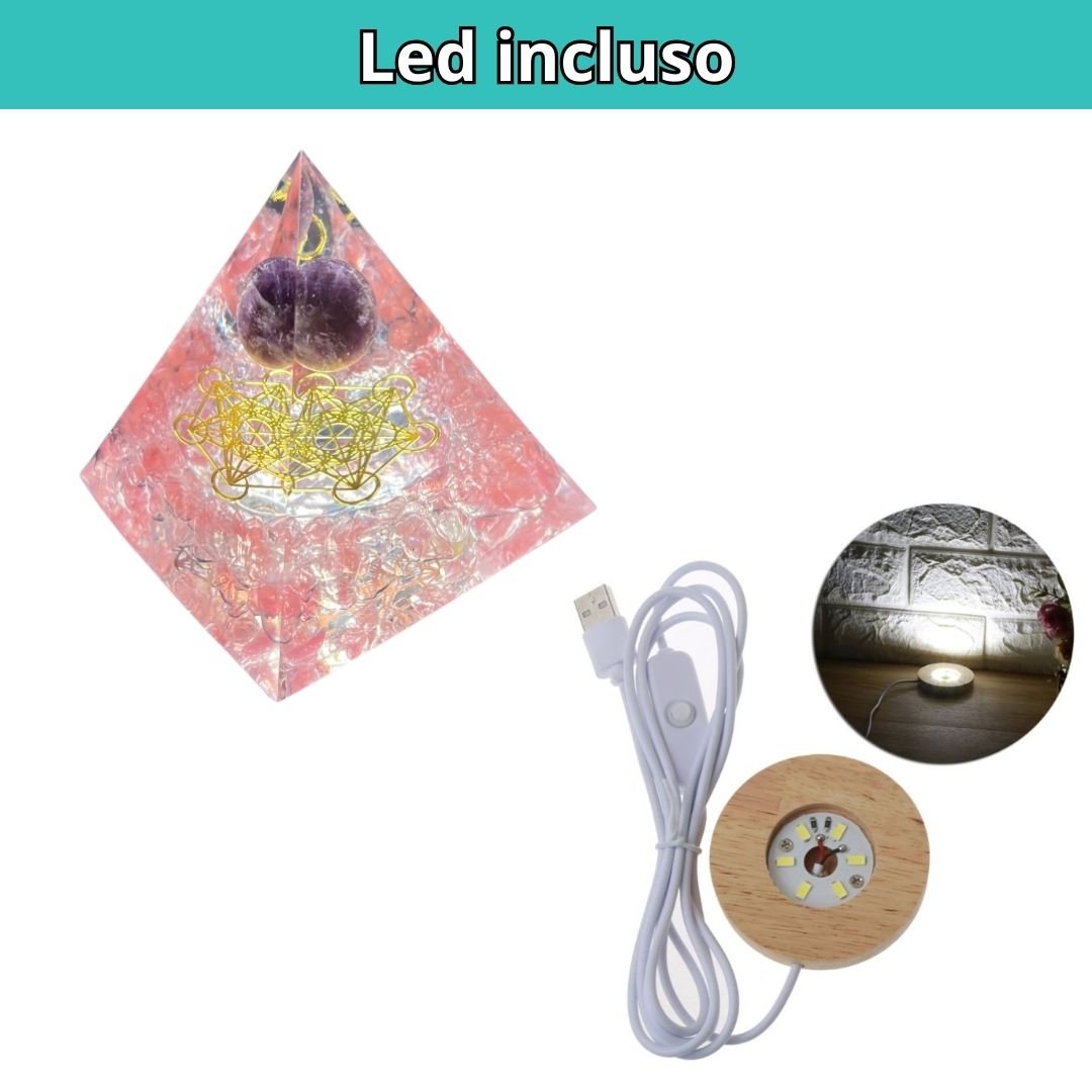 Piramide Orgonite Tormalina Anguria - Ametista - Metatron oro (led incluso) - Zen Home