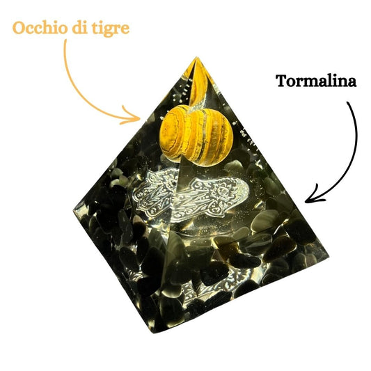 Piramide Orgonite Tormalina - Occhio di Tigre - Mano di Fatima Argento - Zen Home