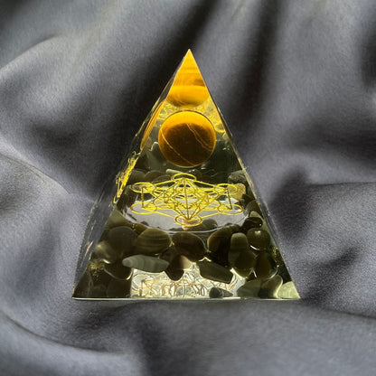 Piramide Orgonite Tormalina - Occhio di Tigre - metatron oro - Zen Home