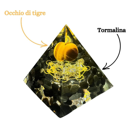 Piramide Orgonite Tormalina - Occhio di Tigre - metatron oro - Zen Home