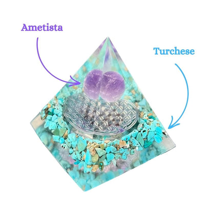 Piramide Orgonite Turchese - Ametista - Fiore della vita argento - Zen Home