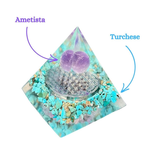Piramide Orgonite Turchese - Ametista - Fiore della vita argento - Zen Home