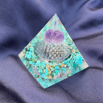 Piramide Orgonite Turchese - Ametista - Fiore della vita argento - Zen Home