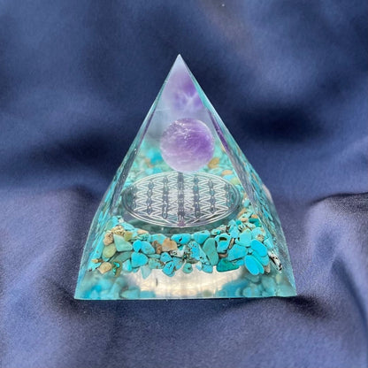 Piramide Orgonite Turchese - Ametista - Fiore della vita argento - Zen Home