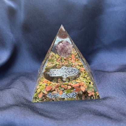Piramide Orgonite Unakite - Ametista - Mano di Fatima argento (Led incluso) - Zen Home