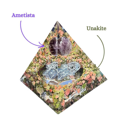 Piramide Orgonite Unakite - Ametista - Mano di Fatima argento (Led incluso) - Zen Home