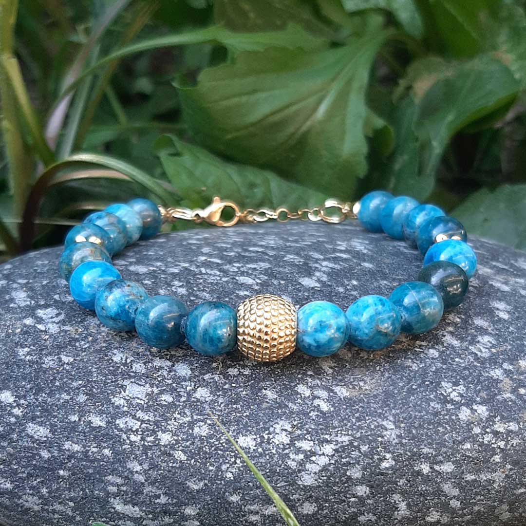 APATITE BLU - Bracciale inserti in acciaio oro e pietre naturali da 8 mm - Zen Home