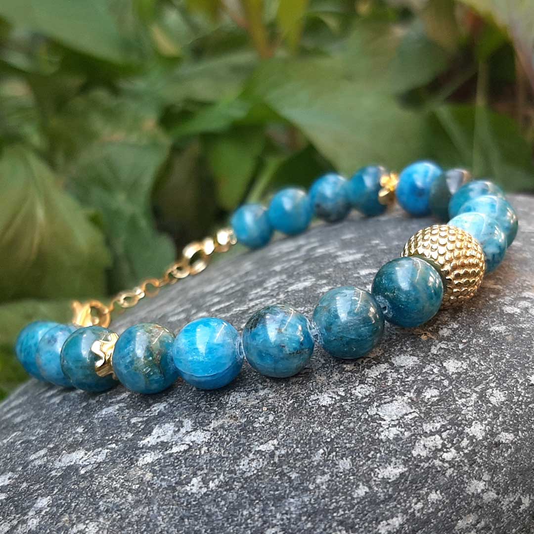 APATITE BLU - Bracciale inserti in acciaio oro e pietre naturali da 8 mm - Zen Home