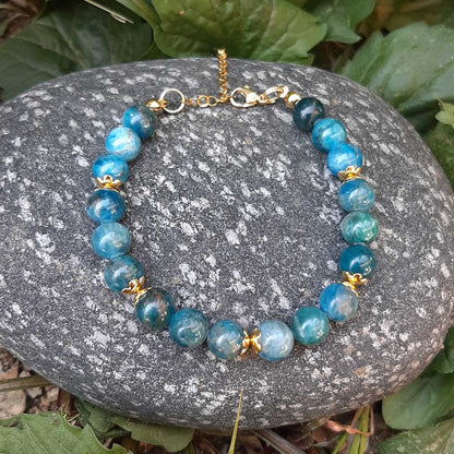 APATITE BLU - Bracciale regolabile in acciaio oro e pietre naturali da 8 mm - Zen Home