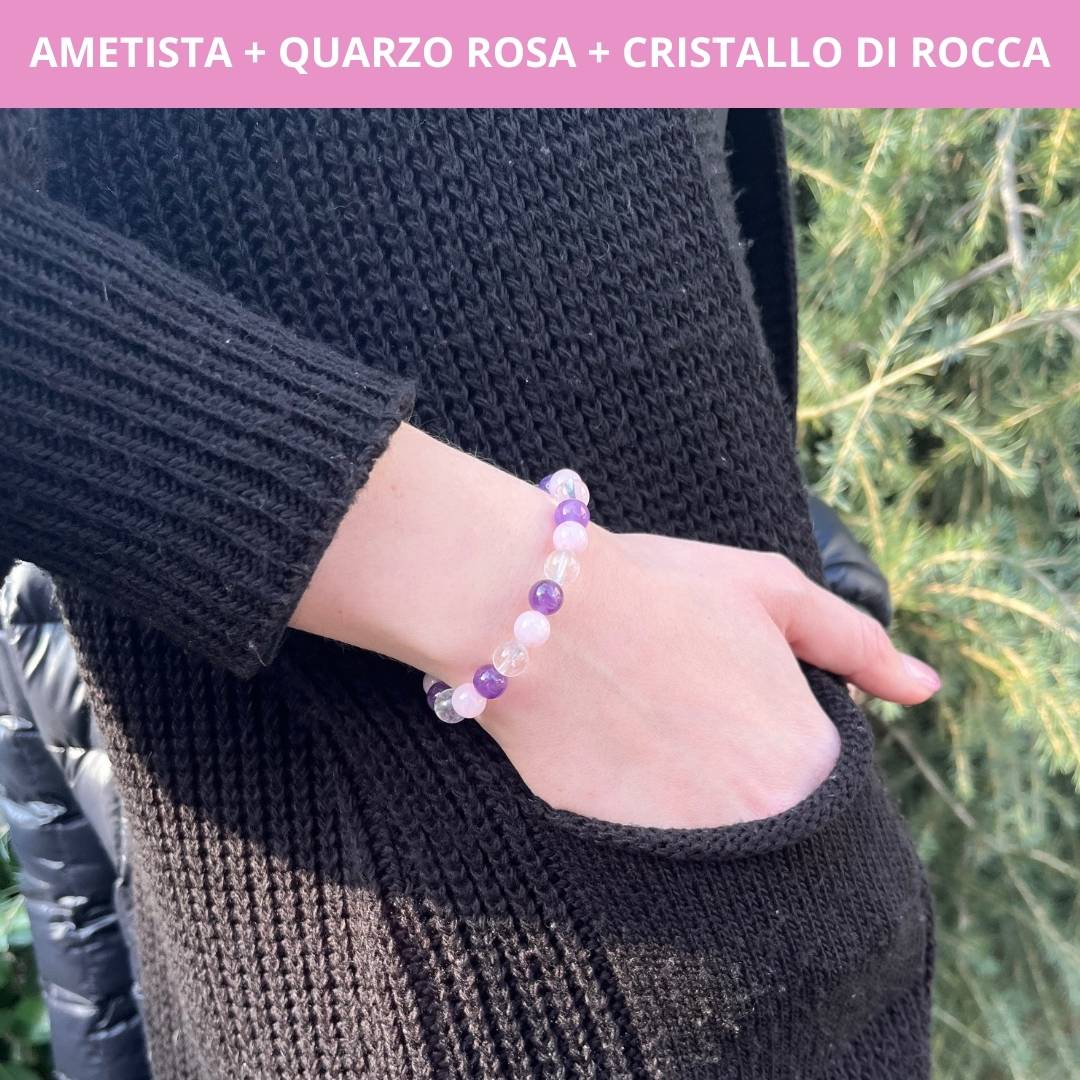 Bracciale regolabile in acciaio inossidabile Quarzo Rosa - Ametista - Cristallo di Rocca - Zen Home