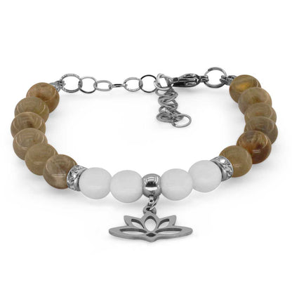 FIORE DI LOTO - Bracciale regolabile in acciaio inossidabile con pietre naturali da 8 mm LABRADORITE+ agata bianca - Zen Home