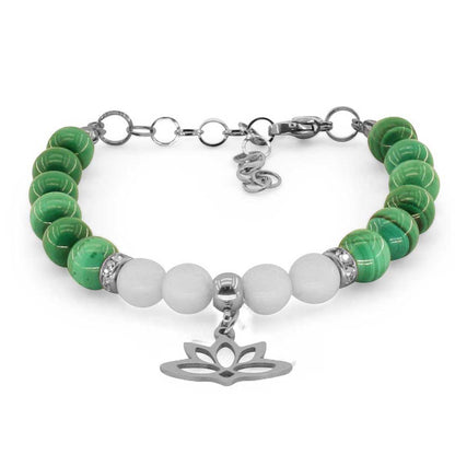 FIORE DI LOTO - Bracciale regolabile in acciaio inossidabile con pietre naturali da 8 mm MALACHITE + agata bianca - Zen Home