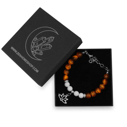 FIORE DI LOTO - Bracciale regolabile in acciaio inossidabile con pietre naturali da 8 mm OCCHIO DI TIGRE + agata bianca - Zen Home