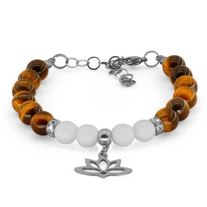 FIORE DI LOTO - Bracciale regolabile in acciaio inossidabile con pietre naturali da 8 mm OCCHIO DI TIGRE + agata bianca - Zen Home