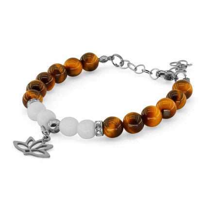 FIORE DI LOTO - Bracciale regolabile in acciaio inossidabile con pietre naturali da 8 mm OCCHIO DI TIGRE + agata bianca - Zen Home