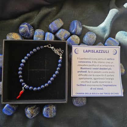 LAPISLAZZULI - Bracciale con pietre naturali da 6 mm e cornetto portafortuna - Zen Home