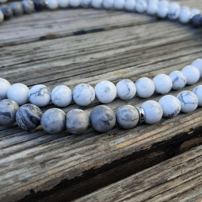Mala tibetano originale con 108 grani in pietra naturale di Howlite e Diaspro Grigio da 8 mm - Zen Home
