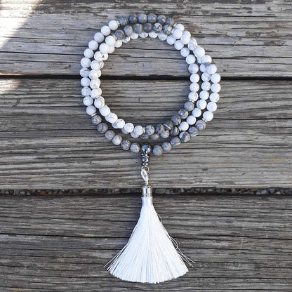 Mala tibetano originale con 108 grani in pietra naturale di Howlite e Diaspro Grigio da 8 mm - Zen Home