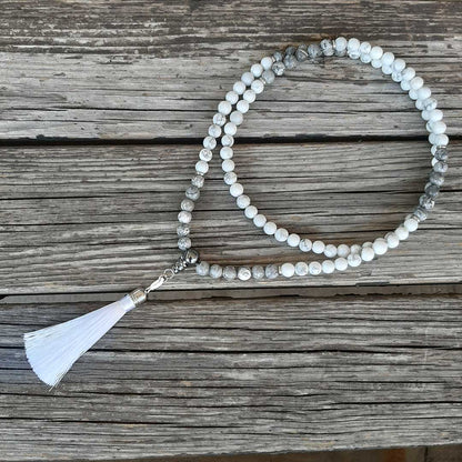 Mala tibetano originale con 108 grani in pietra naturale di Howlite e Diaspro Grigio da 8 mm - Zen Home