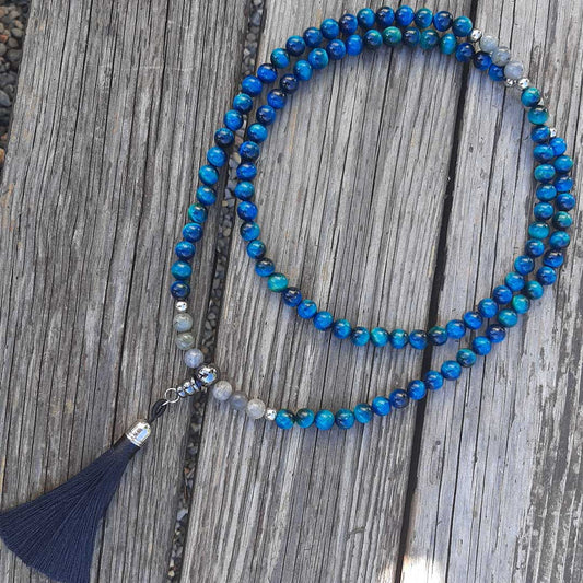 Mala tibetano Labradorite e Occhio di Tigre Blu