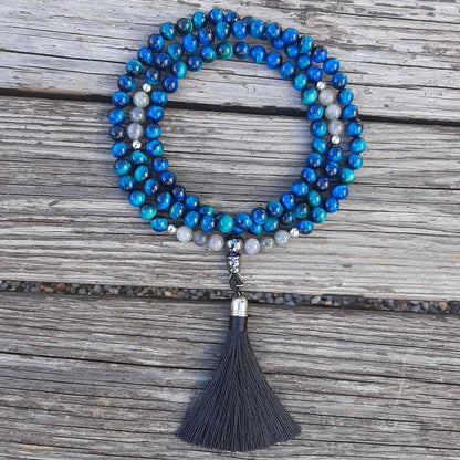 Mala tibetano Labradorite e Occhio di Tigre Blu
