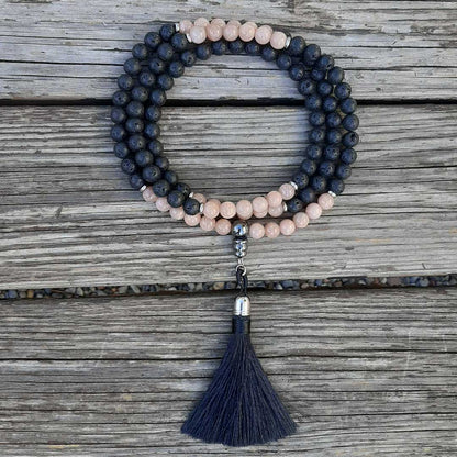 Mala tibetano originale con 108 grani in pietra naturale di lava e sole da 8 mm - Zen Home