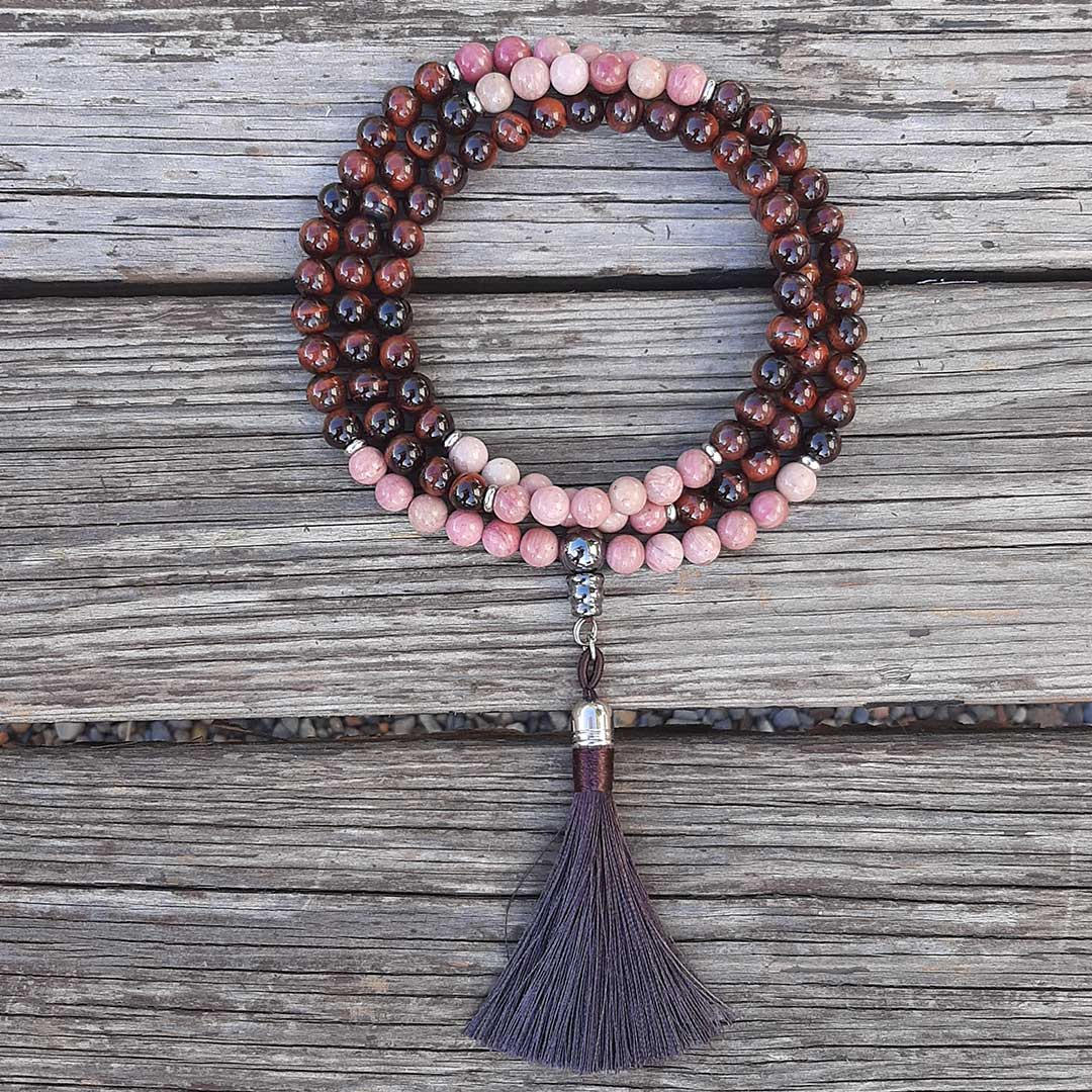 Mala tibetano originale con 108 grani in pietra naturale di Occhio di Bue e Rodonite da 8 mm - Zen Home