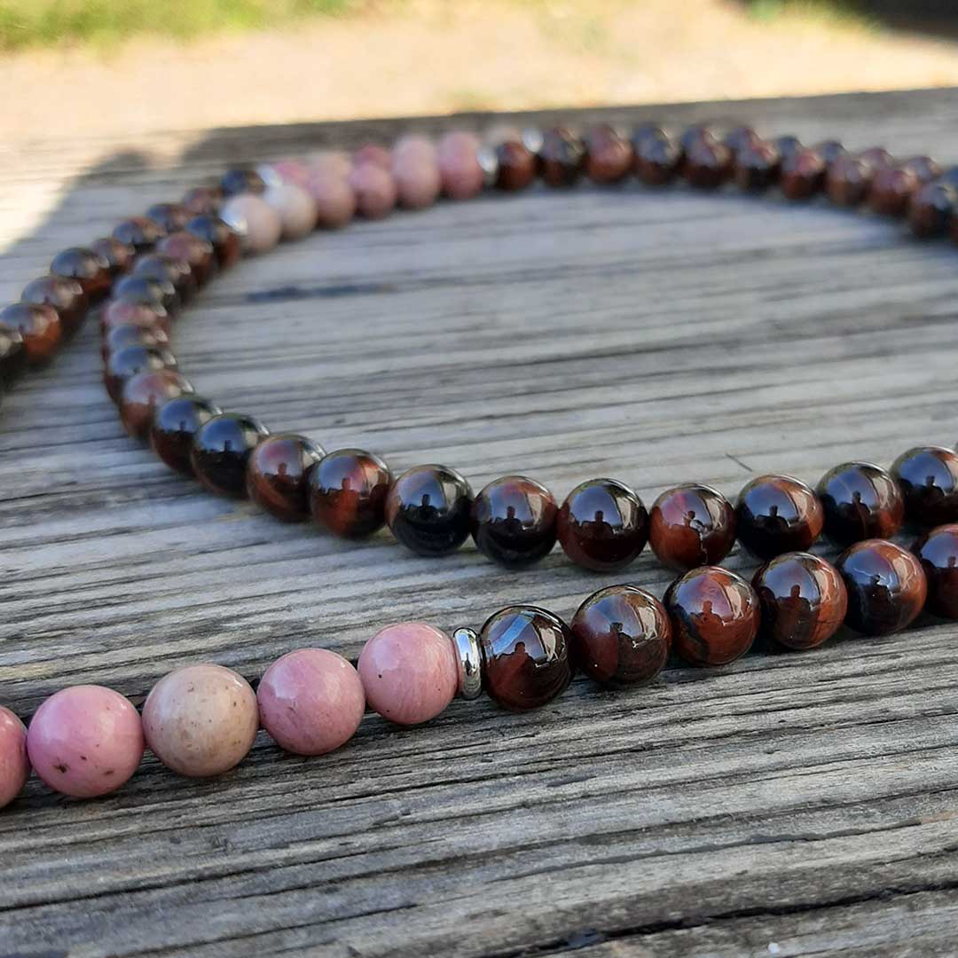 Mala tibetano originale con 108 grani in pietra naturale di Occhio di Bue e Rodonite da 8 mm - Zen Home