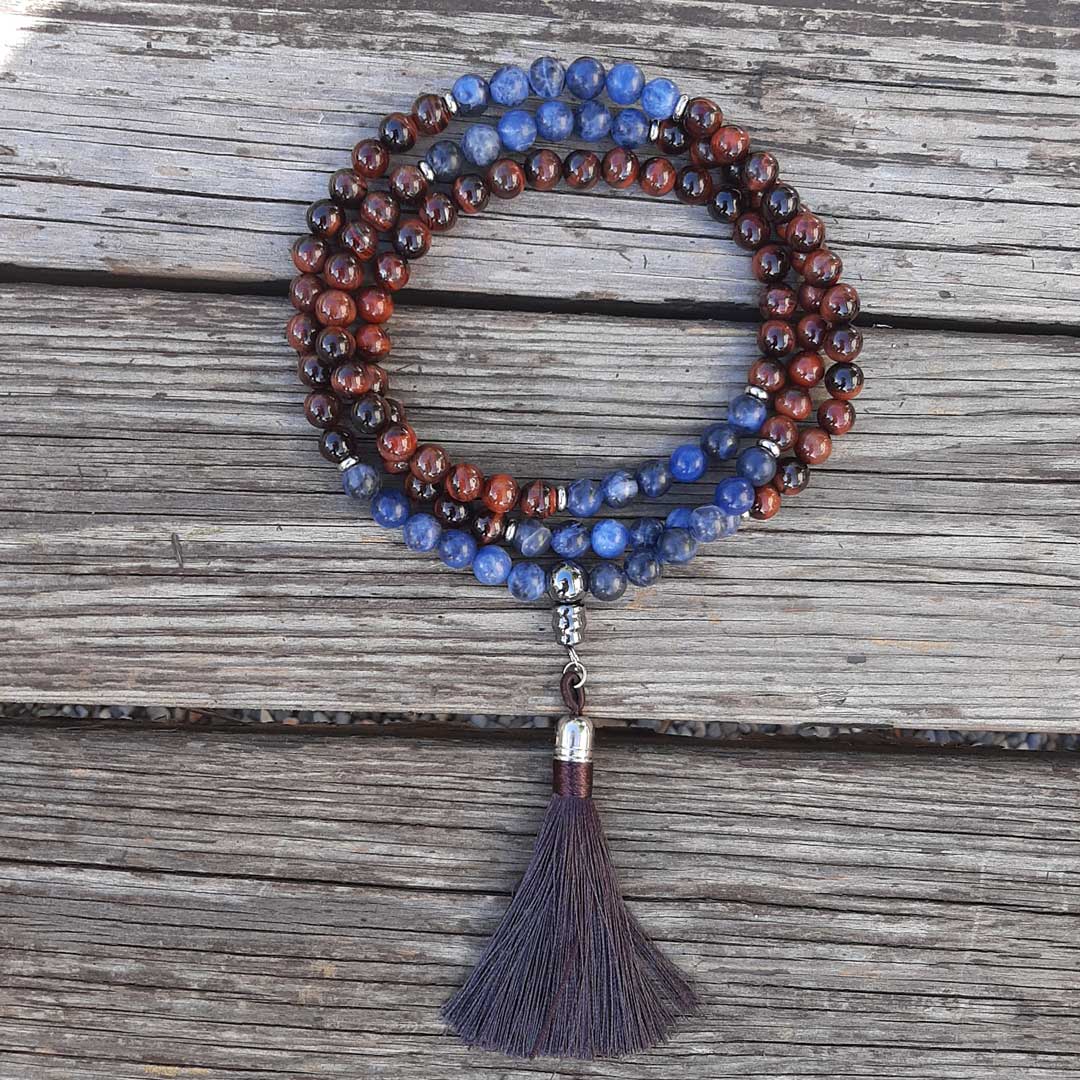 Mala tibetano originale con 108 grani in pietra naturale di Occhio di Bue e Sodalite da 8 mm - Zen Home