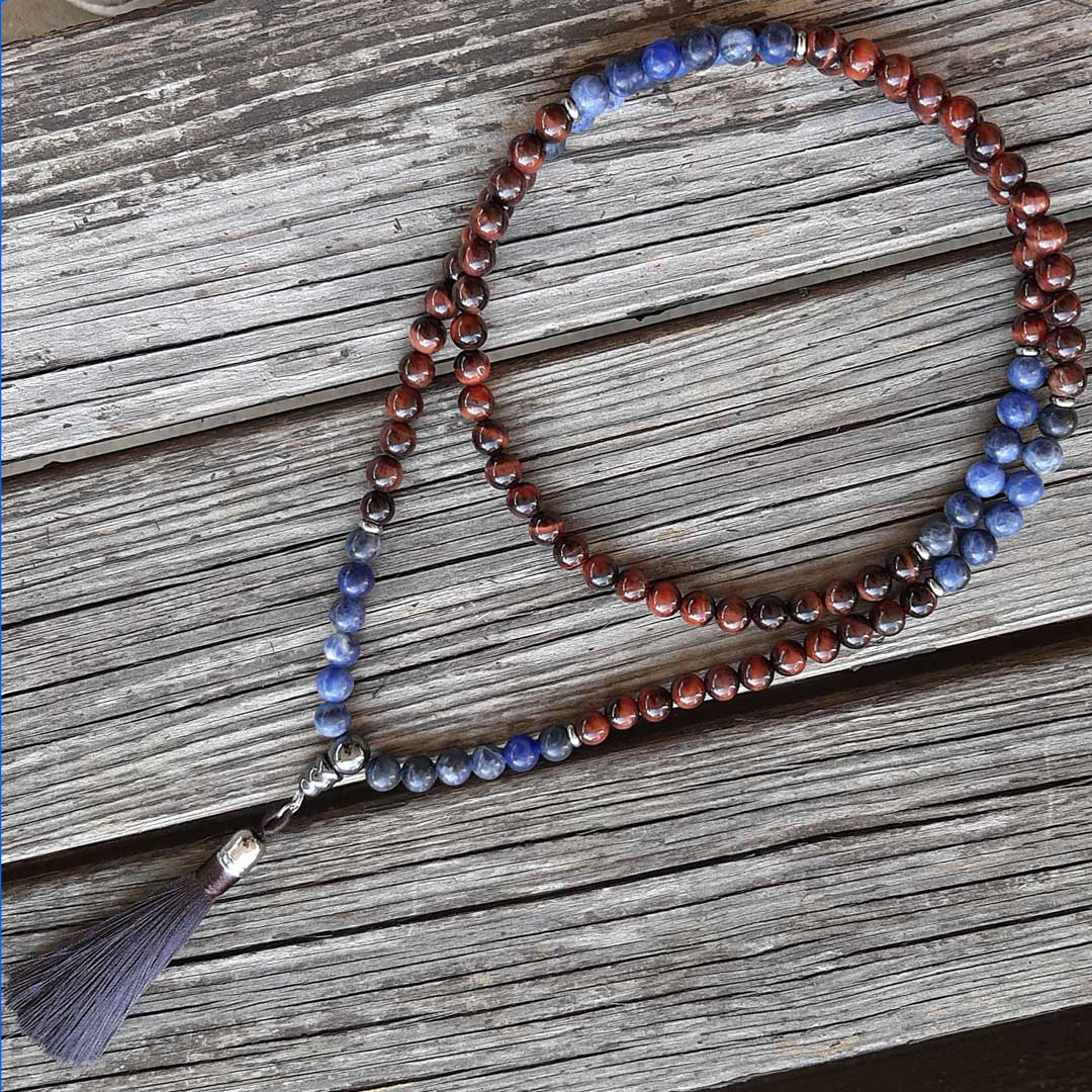 Mala tibetano originale con 108 grani in pietra naturale di Occhio di Bue e Sodalite da 8 mm - Zen Home