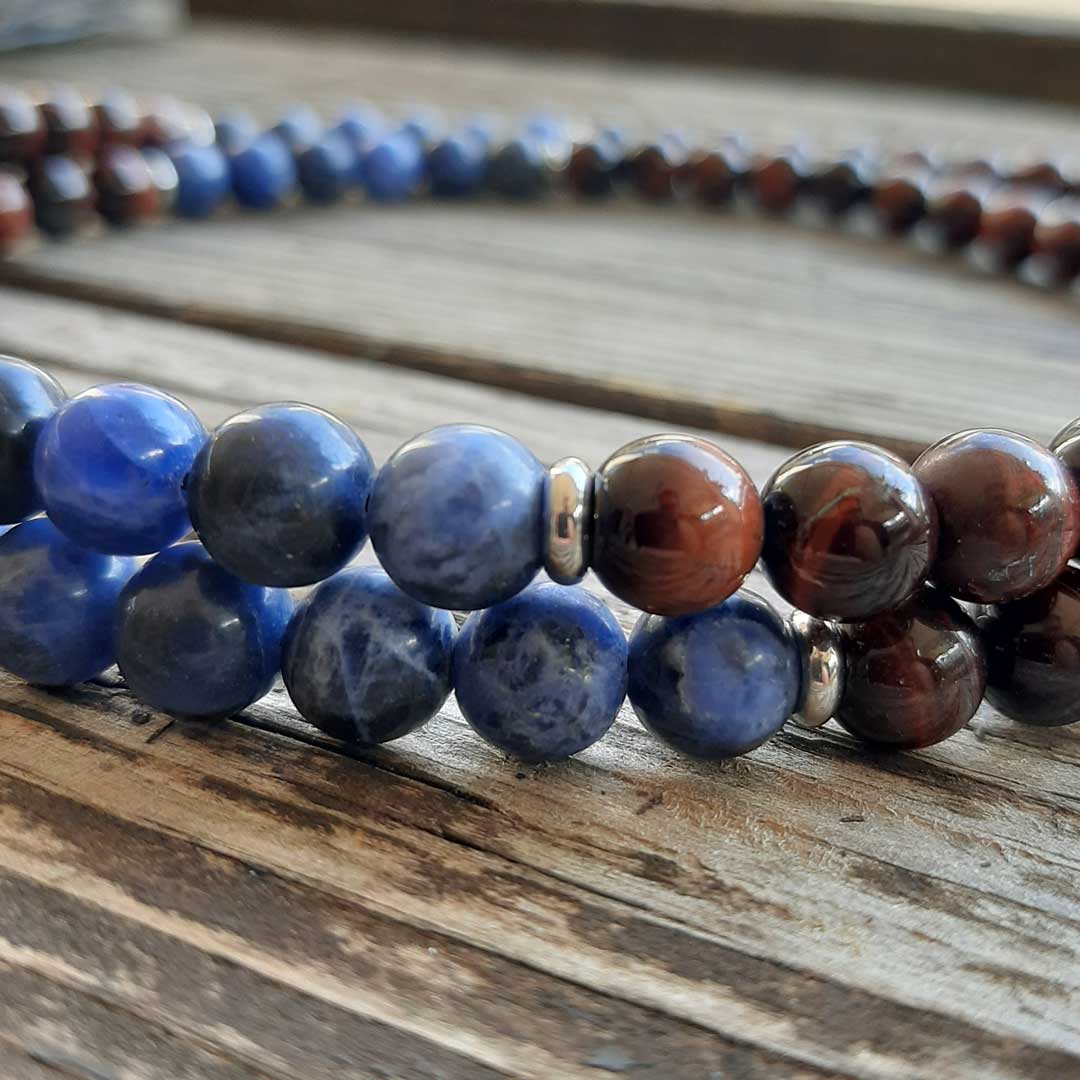 Mala tibetano originale con 108 grani in pietra naturale di Occhio di Bue e Sodalite da 8 mm - Zen Home