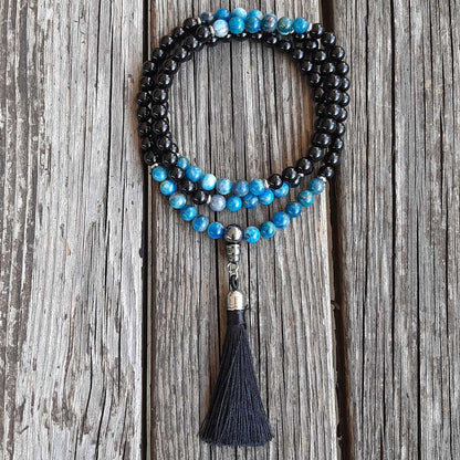Mala tibetano originale con 108 grani in pietra naturale di Onice Nera e Apatite Blu da 8 mm - Zen Home