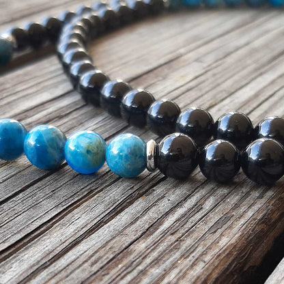 Mala tibetano originale con 108 grani in pietra naturale di Onice Nera e Apatite Blu da 8 mm - Zen Home