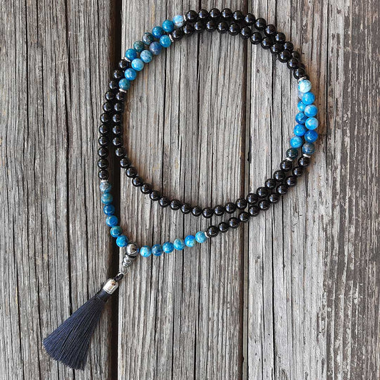 Mala tibetano originale con 108 grani in pietra naturale di Onice Nera e Apatite Blu da 8 mm - Zen Home