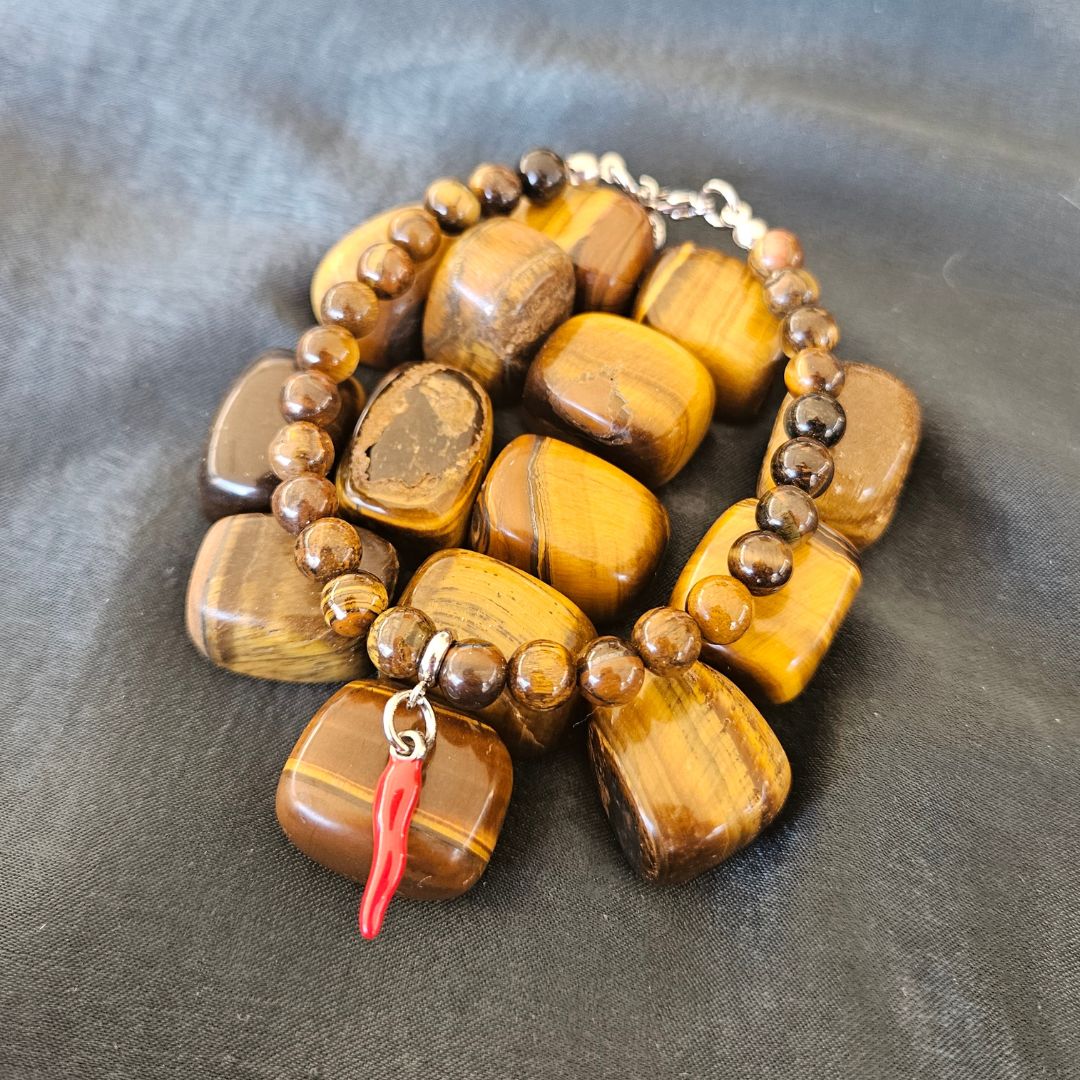 OCCHIO DI TIGRE - Bracciale con pietre naturali da 6 mm e cornetto portafortuna - Zen Home