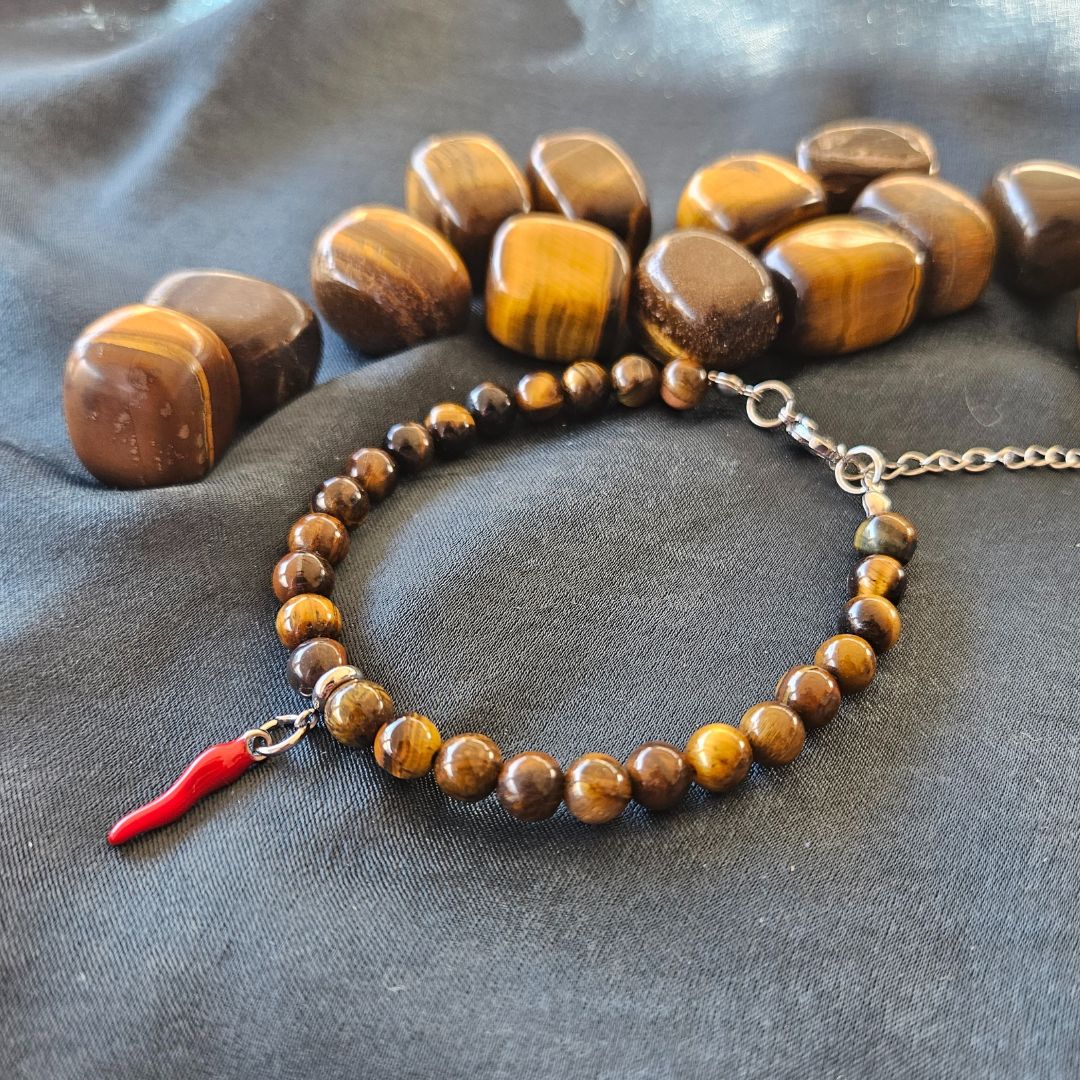 OCCHIO DI TIGRE - Bracciale con pietre naturali da 6 mm e cornetto portafortuna - Zen Home
