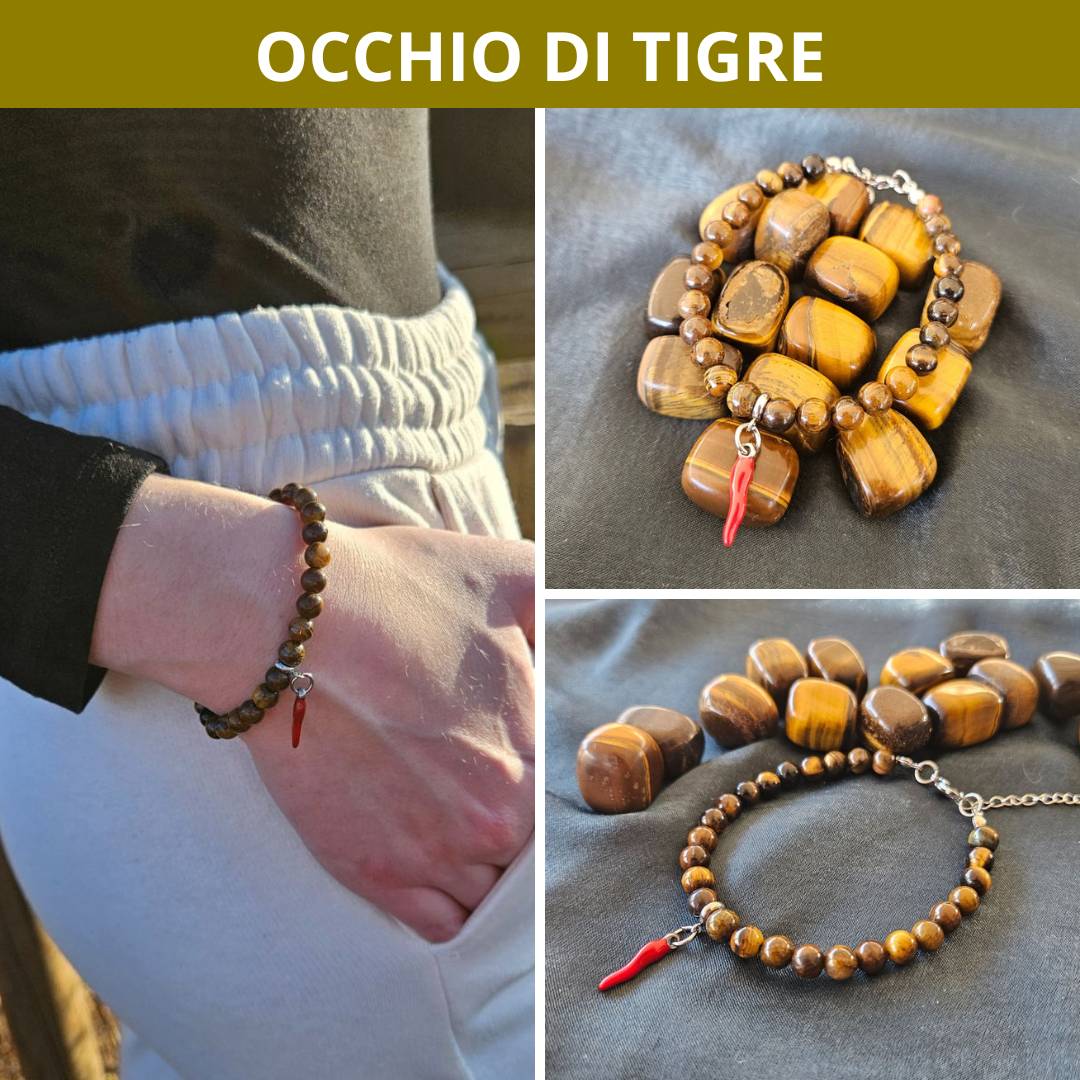 OCCHIO DI TIGRE - Bracciale con pietre naturali da 6 mm e cornetto portafortuna - Zen Home