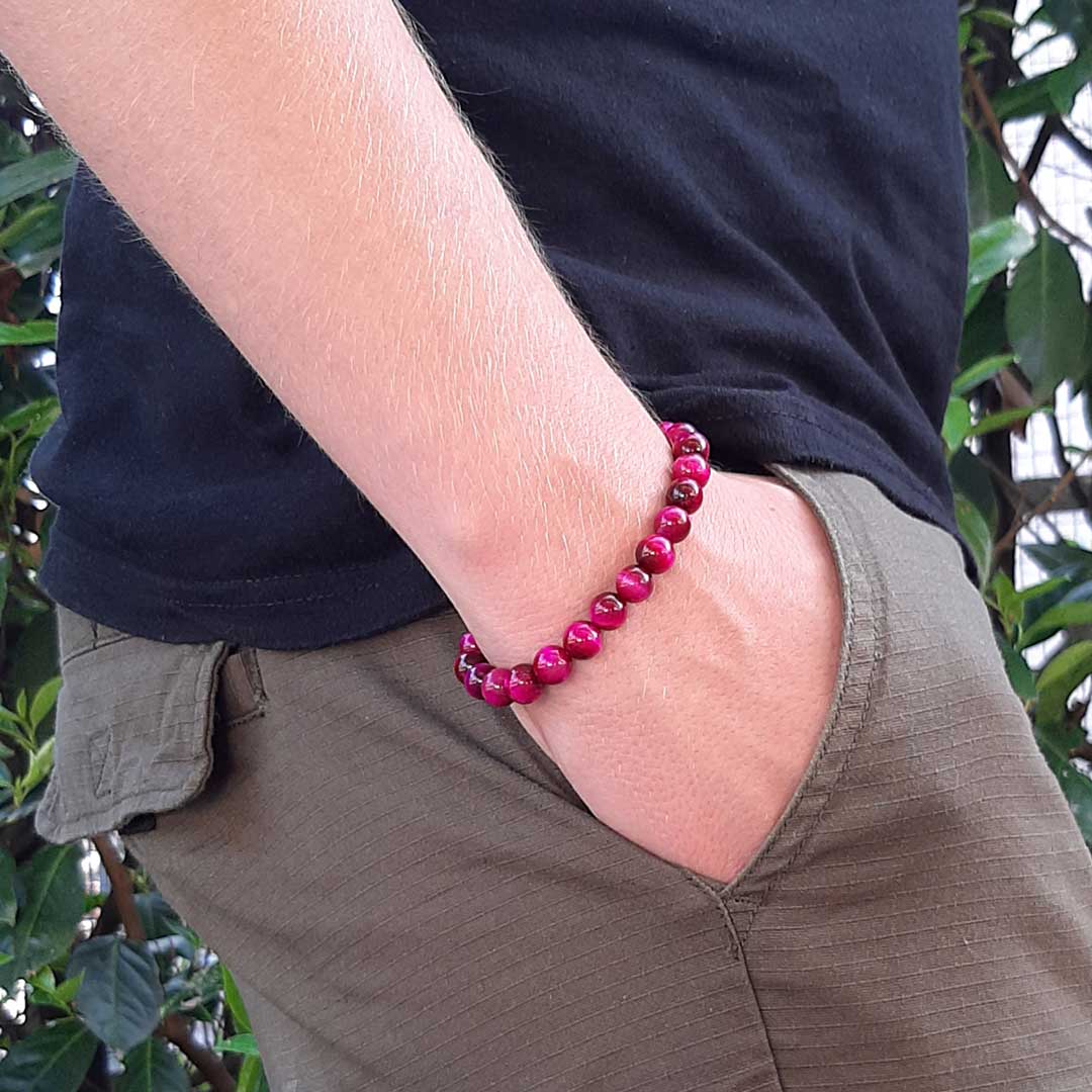 OCCHIO DI TIGRE ROSA - Bracciale regolabile in acciaio inossidabile e pietre naturali da 8 mm - Zen Home