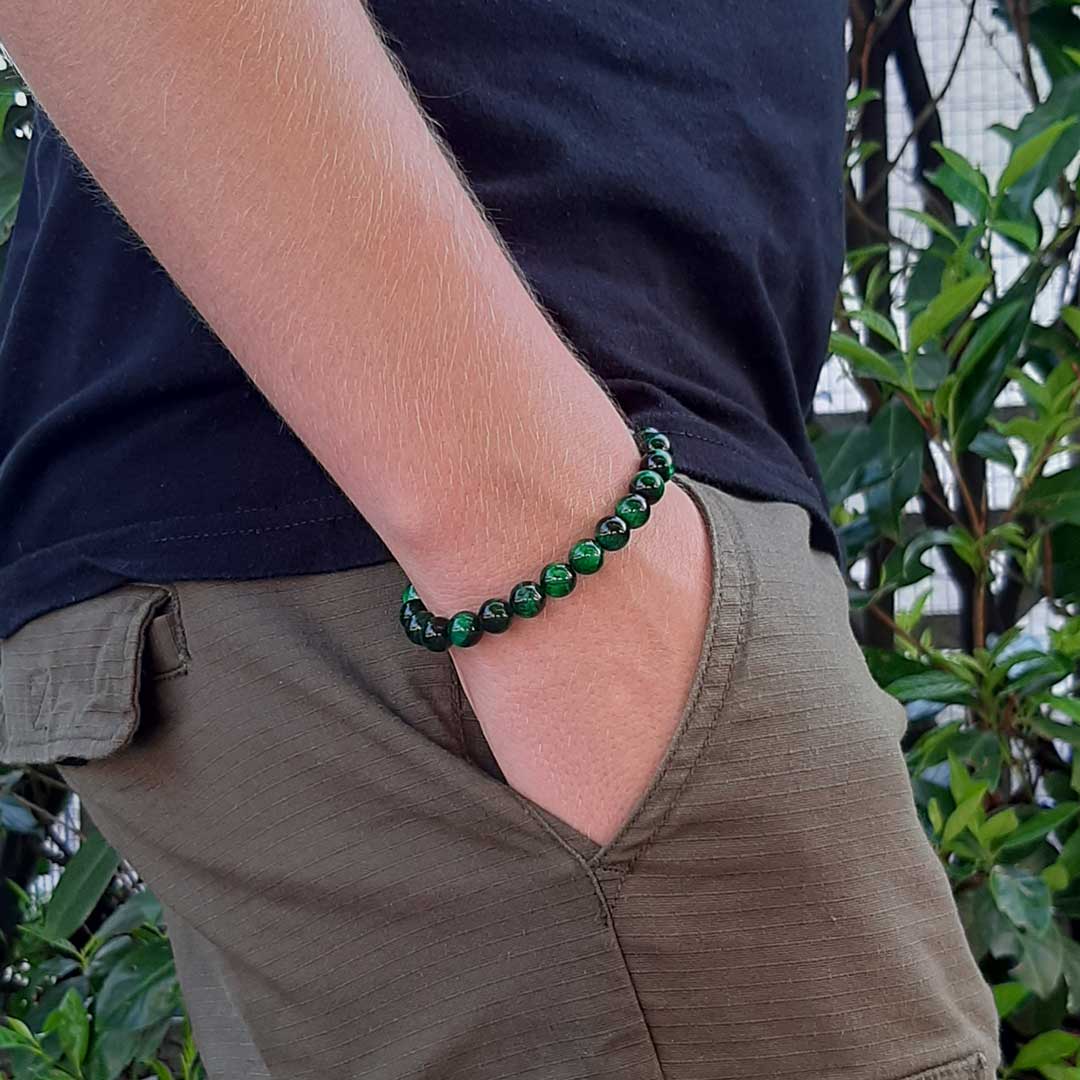 OCCHIO DI TIGRE VERDE - Bracciale regolabile in acciaio inossidabile e pietre naturali da 8 mm - Zen Home