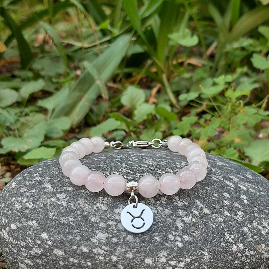 QUARZO ROSA SEGNI ZODIACALI - Bracciale regolabile in acciaio inossidabile e pietre naturali da 8 mm - Zen Home