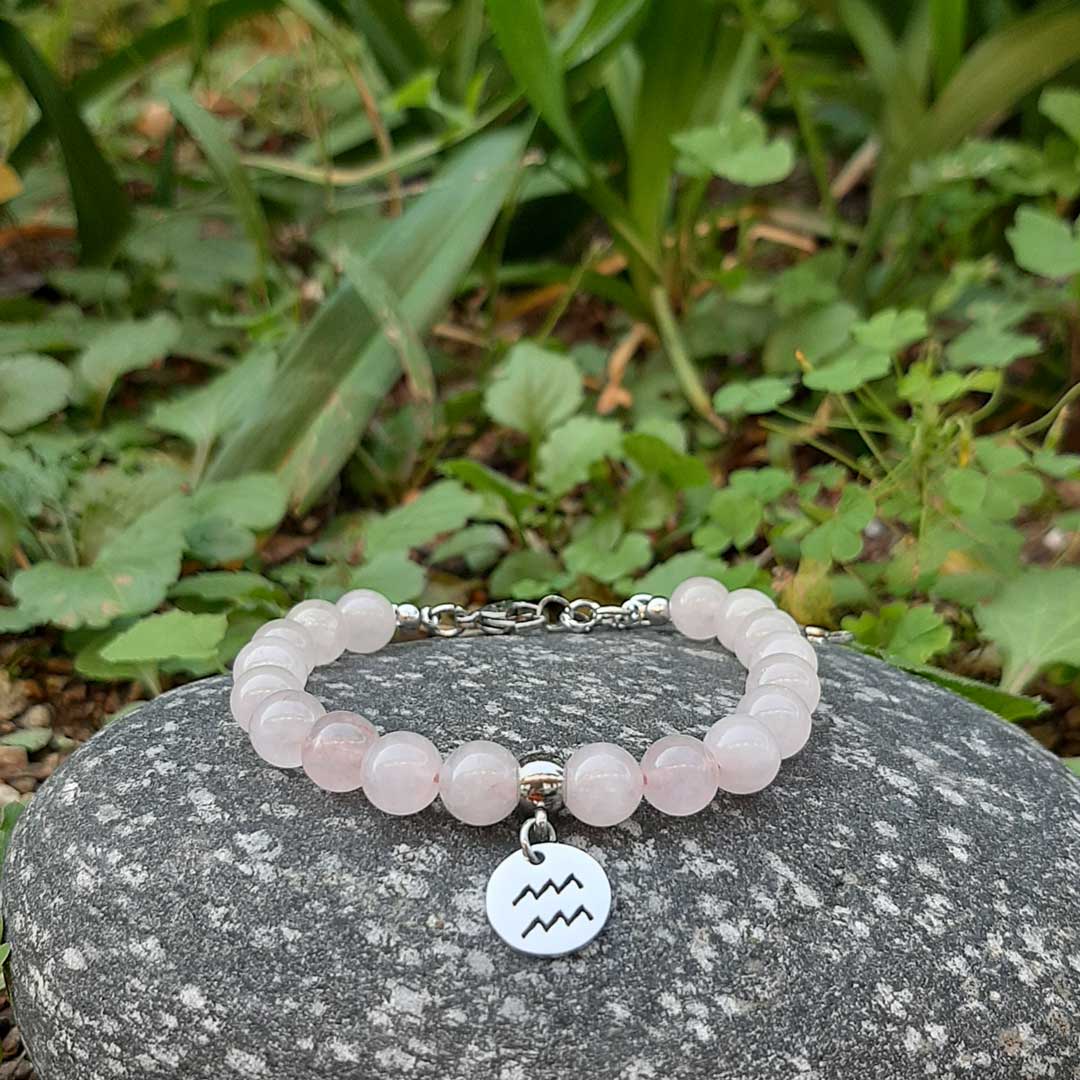 QUARZO ROSA SEGNI ZODIACALI - Bracciale regolabile in acciaio inossidabile e pietre naturali da 8 mm - Zen Home