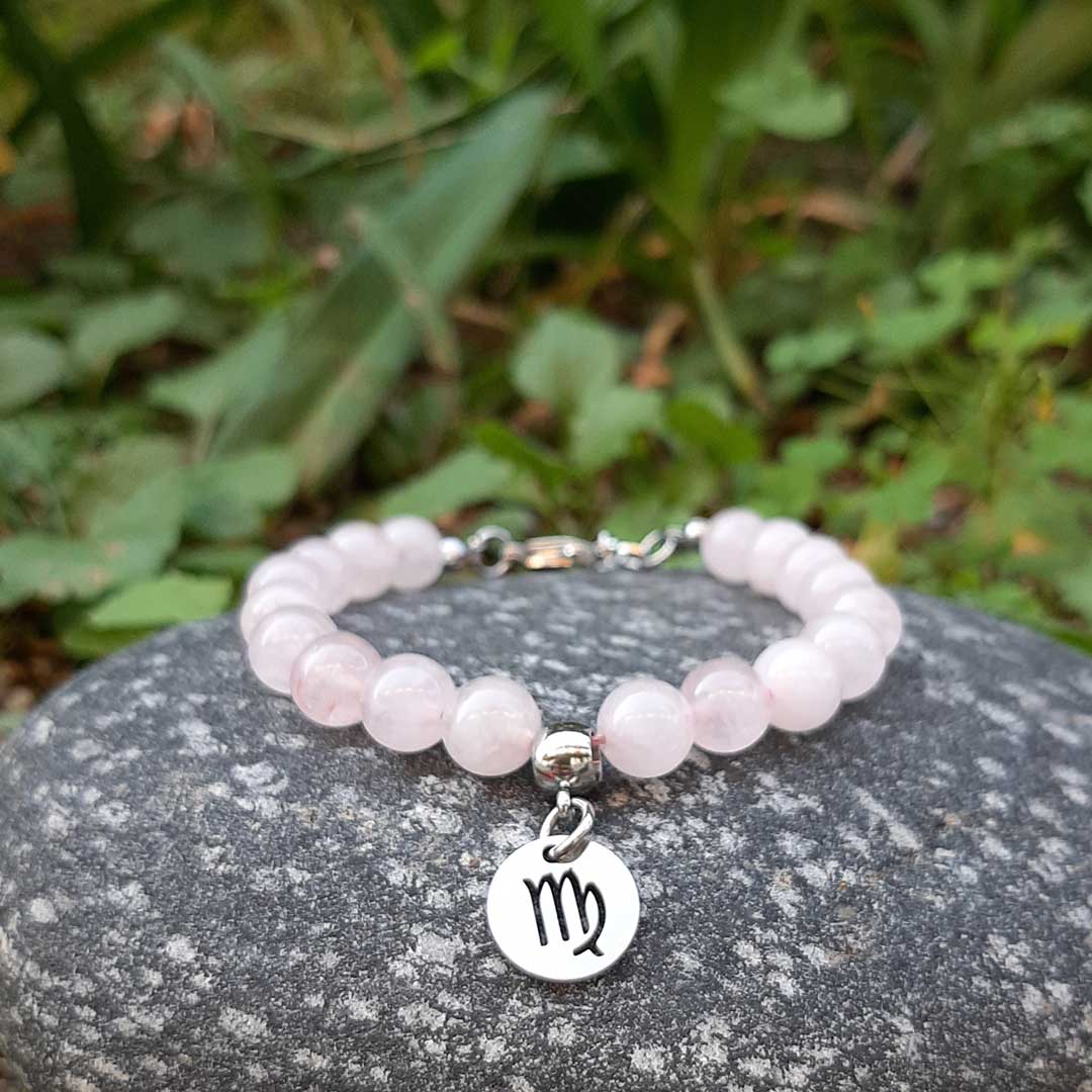 QUARZO ROSA SEGNI ZODIACALI - Bracciale regolabile in acciaio inossidabile e pietre naturali da 8 mm - Zen Home